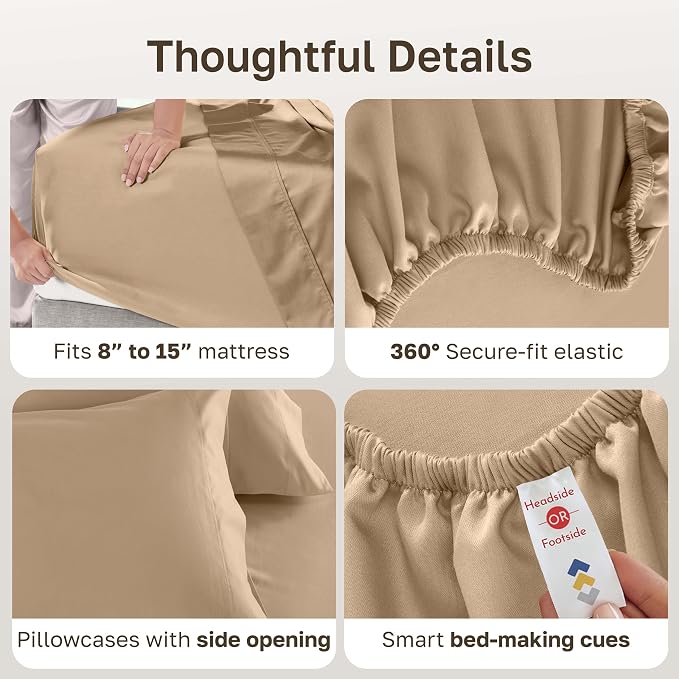 California Design Den 600 Thread Count Split King Sheets, 5 Pcs, Golden Tan | 100% Cotton Sateen, Good Housekeeping Seal, Split King Sheets Sets for Adjustable Bed with 2 Separate Twin-XL Mattresses