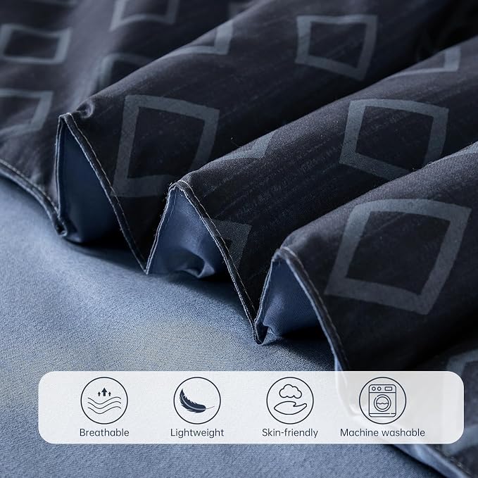 Cottolester Queen Comforter Set,Mineral Blue Boho Striped Bed in a Bag, | 7 Pieces Bed Set,Soft Microfiber Complete Bedding Sets