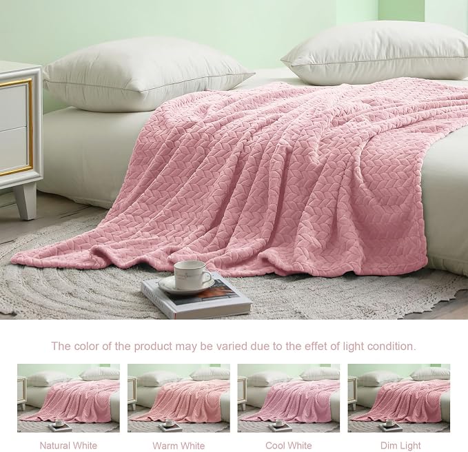 Exclusivo Mezcla Soft Fleece Bed Blanket King Size, 90”x104”, Pink | Cozy Fluffy Lightweight Blankets for Summer, Decorative Plush Flannel Throws for Living Room, Bedroom with Leaves Pattern