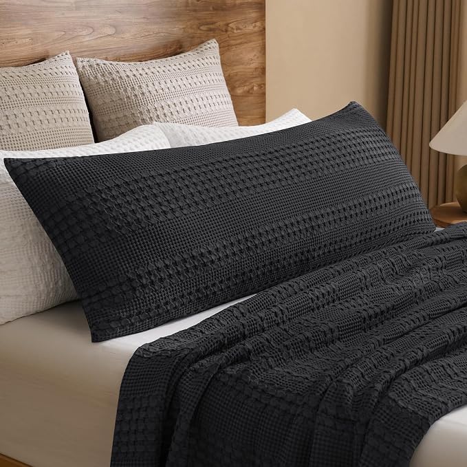 PHF 100% Cotton Waffle Body Pillowcase with Zipper, 1 Pack 20" x 54" Soft Skin-Friendly Pillow Sham, No Filling, Aesthetic Woven and Breathable Waffle Weave Body Pillow Cover for Bed, Black