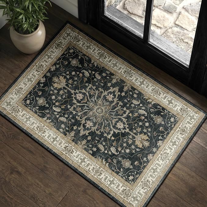 RELEANY Washable Area Rug, Small 2'x3', Black/Vintage/Beige | Non-Slip, Water Repellent, Pet Friendly, Easy to Clean, Vintage Floral Boho Decor for Kitchen Entryway Bathroom