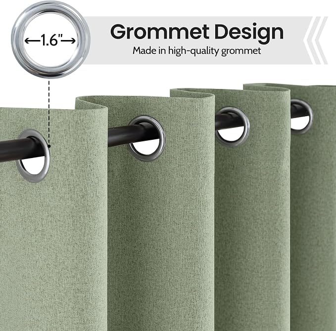 COSVIYA 100% Blackout Sage Green Linen Curtains & Drapes 90 Inch Length | Light Blocking Full Room Darkening Grommet Insulated Thermal Window Panels for Bedroom/Living Room,52x90 inches,2 Panels