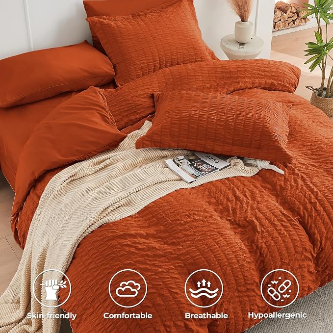 HYMOKEGE Burnt Orange King Size Comforter Set Seersucker 7 Pieces, All Season Luxury Bed in a Bag for Bedroom, Bedding Set with Comforters, Sheets, Pillowcases & Shams