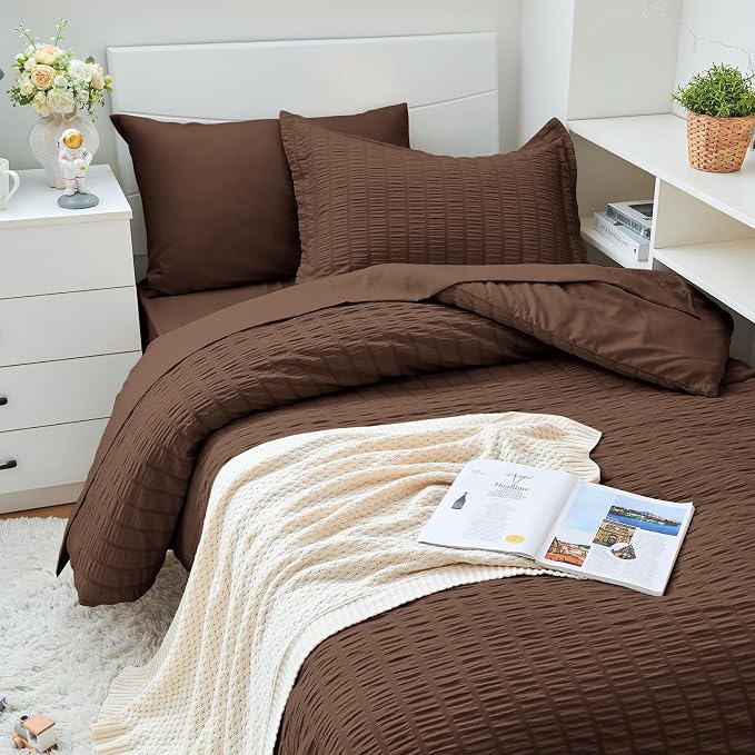 HYMOKEGE Dark Brown Twin XL Comforter Set Seersucker 5 Pieces, All Season Luxury Bed in a Bag for Bedroom, Bedding Set with Comforter, Sheets, Pillowcase & Sham