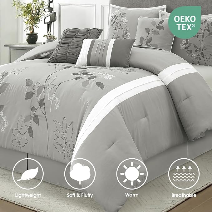 Grey Queen Comforter Set, 7 Pieces Bed in a Bag, Elegant Floral Leaves Embroidery, Soft and Lightweight All Seasons Bedding Set, Bedskirt, Pillow Shams, Decor Pillows