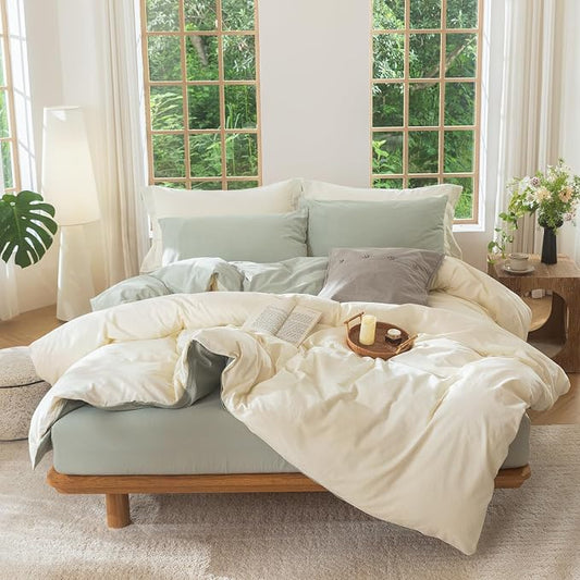 BDEAR 3Pcs Duvet Cover Set King Size 104" Wx90 L,Pale Yellow and Sage Green | 100% Washed Cotton, 1 Duvet Cover with 2 Pillowcases, Zipper Closure, OEKO TEX Standard,8 Corner Ties,Linen-Liked Texture