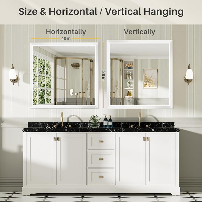 Bathroom Wall Mirror, White Metal Frame, 40x38 Inch | Anti-rust, HD tempered glass, for bathroom vanity, bedroom, living room, horizontal or vertical mount