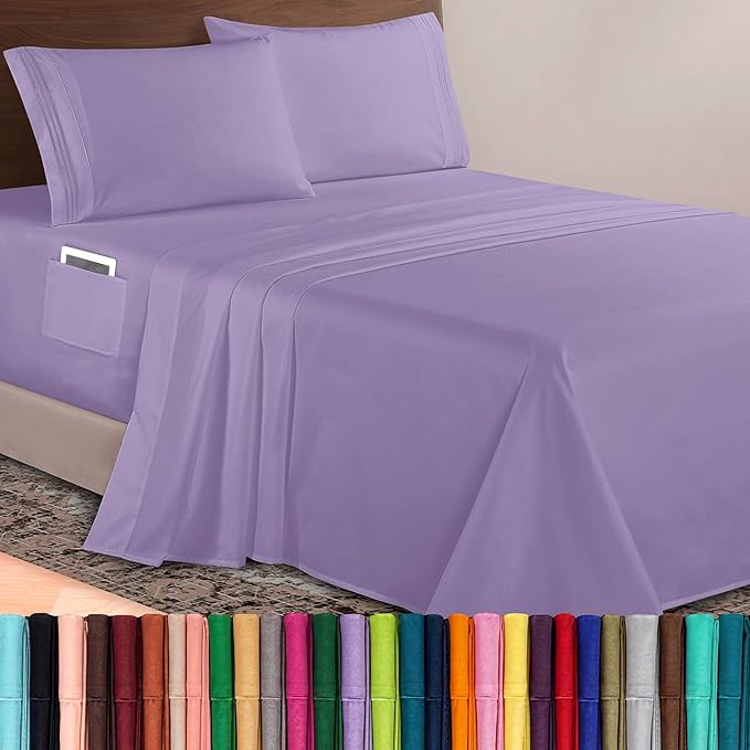 Elegant Comfort Luxurious 1500 Premium Hotel Quality Microfiber 4-Piece Sheet Set, 18-24 Inches Deep - Extra Deep Pocket Sheets - Ultra Soft 4PC Deep Pocket Sheets, Queen, Lavender