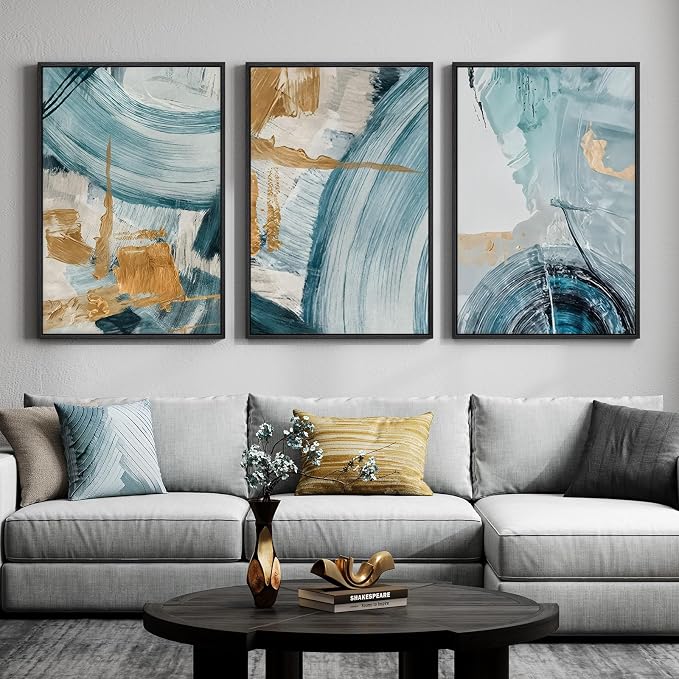 Large Framed Blue and Gold Abstract Wall Art for Living Room, 3 Piece 24x36 | Minimalist elegant pictures, Canvas prints, Modern paintings, Artwork for walls, Wall decor for dining bedroom hallway lounge