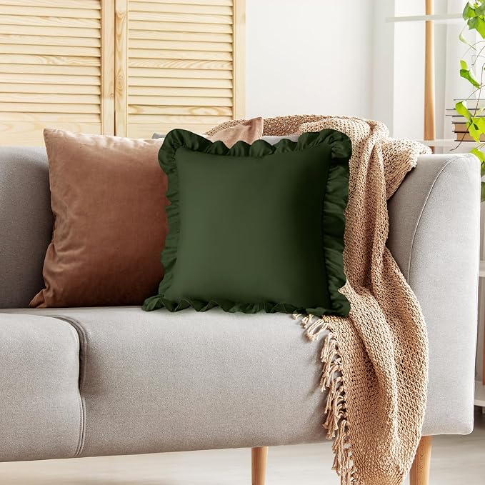 KKJIAF 2 Pack Ruffle Pillow Cases 18x18 Inches, Olive Green | Square Ruffled Pillow Covers, Microfiber Wrinkle Resistant Pillow Shams with Envelope Closure for Sofa Bed Living Room