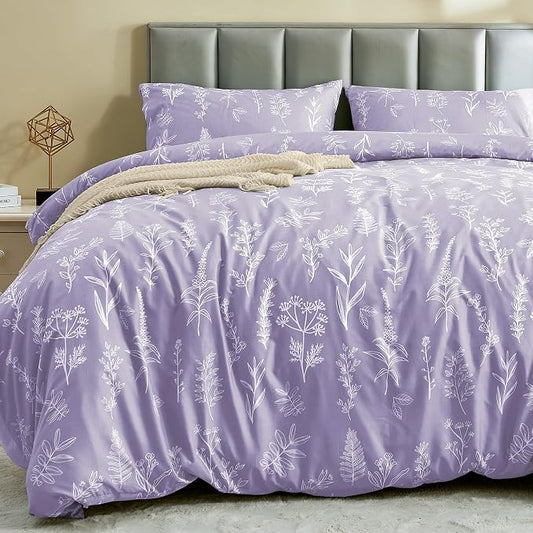 MUXHOMO Duvet Cover Queen Size, Reversible Floral Lavender Duvet Cover Set with Zipper Closure, 3 Pieces Botanical Patterns Soft Microfiber Bedding Set with 4 Ties (90"x90", 2 Pillow Cases)