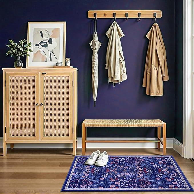 PLHXFR 2x3 Small Entryway Rug: Floral Washable Indoor Soft Carpet Blue | For Entrance, Bedroom, Kitchen, Laundry, Bathroom,Door Mat,Vintage Floral,Machine washable,Non-Slip,Stain Resistant,Indoor