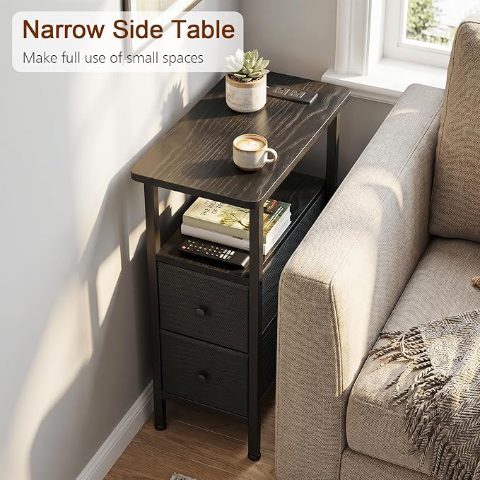 LOAKEKEL Narrow End Table with Charging Station, Small Nightstand | Skinny Side Tables Living Room with 2 Fabric Drawers, Slim Bedside Table for Bedroom, Small Spaces, Couch, Black