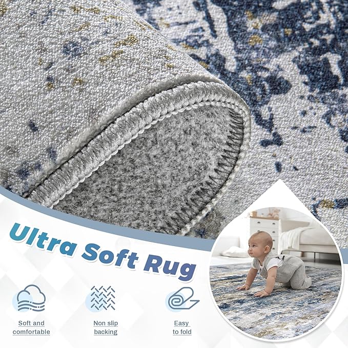 pmtsns Round Rug 4ft for Bedroom: Washable Circle Rug Modern Abstract Neutral Soft Non-Slip Low-Pile Entryway Carpet for Living Room Dining Room Nursery Home Office (Blue Grey Brown, 4' Round)