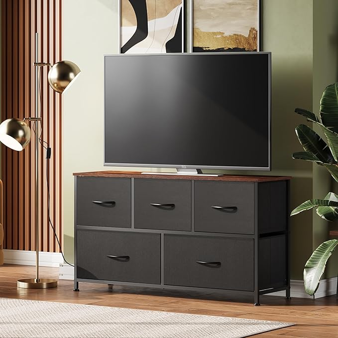 WLIVE Dresser for Bedroom, 5 Drawer Fabric Dresser, Black and Rustic Brown | 5 roomy fabric drawers, Wide storage design, Bedroom or closet use, Chest of drawers, Smooth wood tabletop