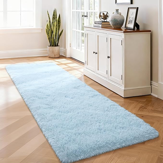 Soft Fluffy Rugs for Bedroom Living Room, 2x6 Hallway Runner Rugs, Furry Shag Bedside Area Rug Indoor Accent Floor Carpet, Plush Fuzzy Rug for Dorm Nursery Kids Room Decor, Baby Blue