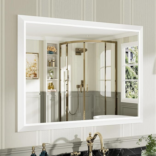 Bathroom Wall Mirror, White Metal Frame, 40x30 Inch | Anti-rust, HD tempered glass, for bathroom vanity, bedroom, living room, horizontal or vertical mount
