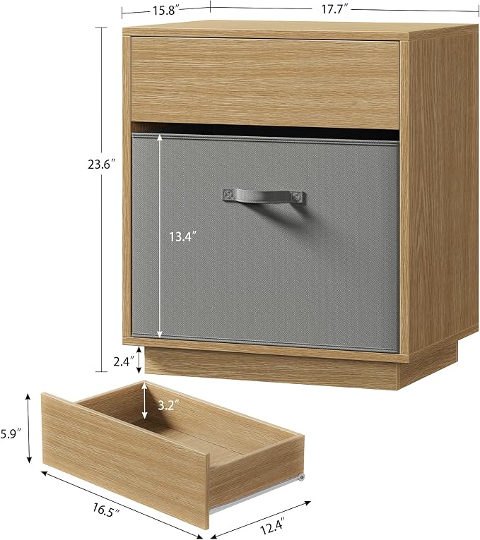 TEENFON Nightstands Set of 2, Night Stand with Drawer, Nightstand with Metal Slide, Nightstands Bedside Table with Removable Fabric Drawer, Night Stands for Small Space, Bedroom, Natural