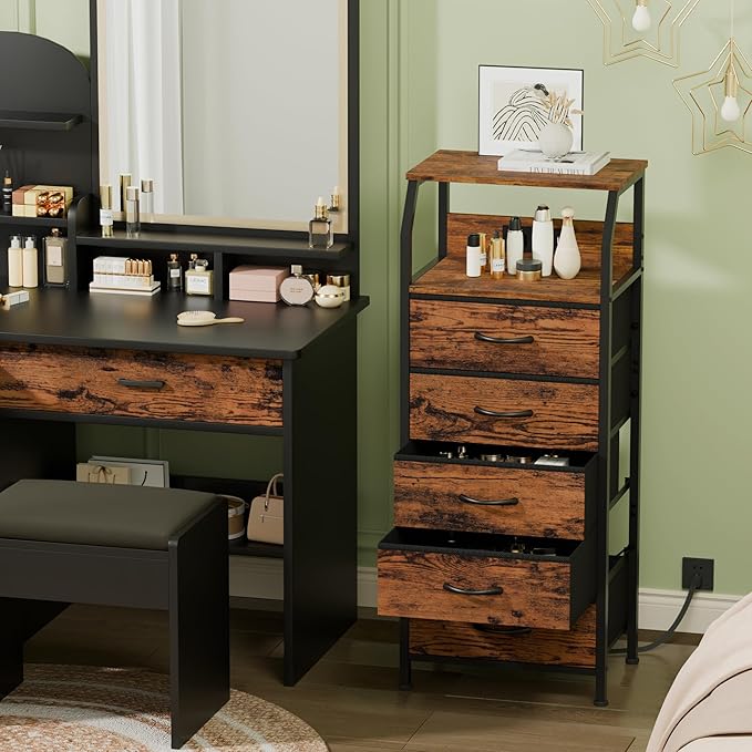 Furnulem 5 Drawers Dresser with Charging Station, Tall Nightstand, Brown | Tall Dorm Nightstand, Fabric Chest of Drawers with Storage Shelf, Skinny Dresser for Bedroom, Closet, Entryway, 3 Ways to Use