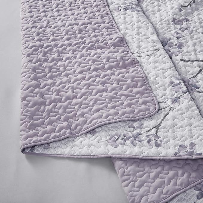 Comfort Spaces Bedspread Coverlet Set, Full/Queen, 3 Piece, Grey/Purple | All Season, Microfiber, Classic Layered Look for Any Bed, Floral Pattern, Reversible, Lightweight, OEKO-TEX Certified