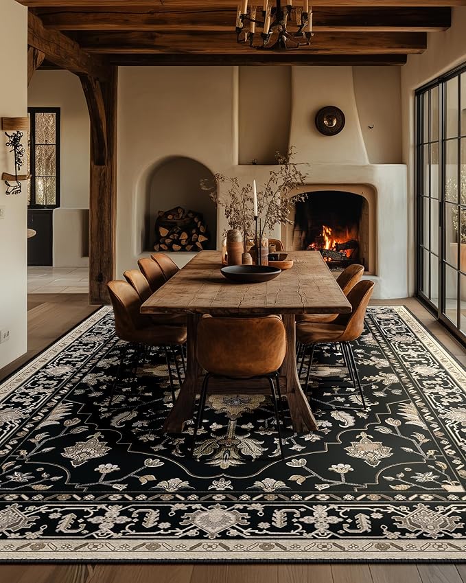 RELEANY Washable Area Rug, Large 10'x14', Black/Neutral | Non-Slip, Water Repellent, Pet Friendly, Easy to Clean, Vintage Floral Boho Decor for Living Room Bedroom Dining Room
