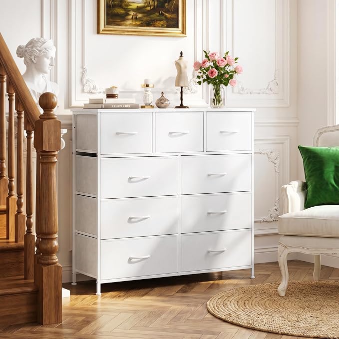 9-Drawer Dresser for Bedroom, Anti-Tip Tall Storage Organizer | Chest of Drawers with Wooden Top and Metal Frame Fabric Bins for Closet, Living Room, Hallway, Entryway, Ivory White