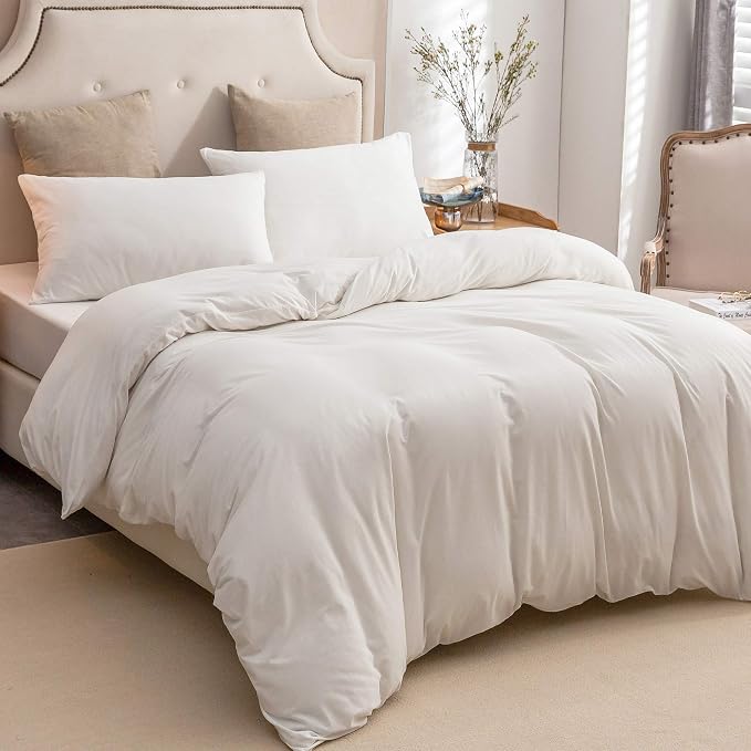 PURE ERA Jersey Knit Sheet Set Solid Off White Twin | 100% Cotton, 3 Piece Set, T Shirt Soft, Breathable, Envelope Closure Pillowcases, Hidden Zipper, 8 Ties, No Insert, Modern
