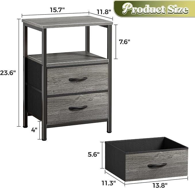 Huuger Night Stand Set of 2, Nightstand with 2 Drawers, Bedside Table | Open Shelf, Wooden Top, End Table, Fabric Drawer, for Bedroom, Living Room, Gery