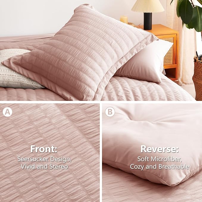 Full Size Comforter Sets 7 Pieces Rose Gold Seersucker Bed in a Bag | OEKO-TEX Certified, All Season Bedding Set with 240 GSM Down Alternative Comforter, Flat & Fitted Sheets, Pillowcases & Shams