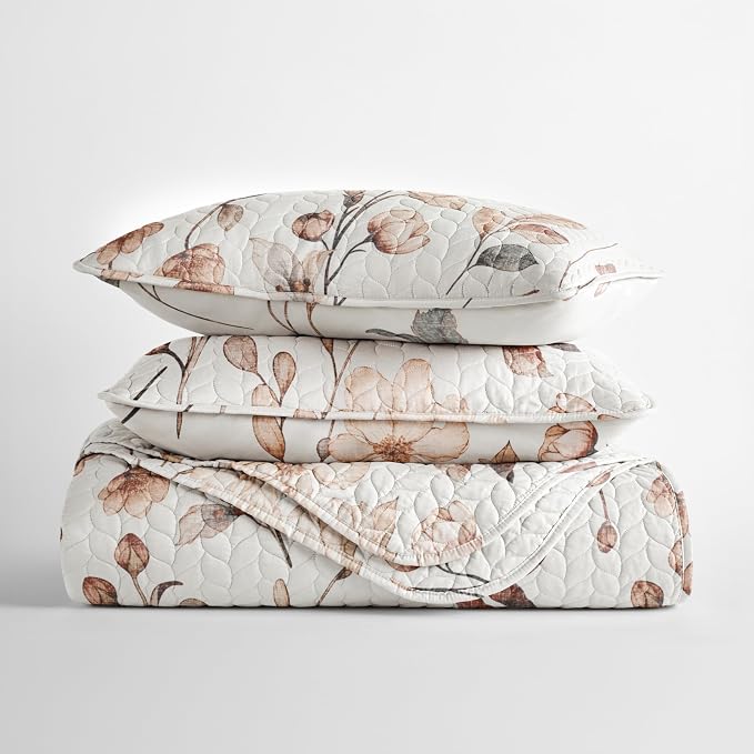 Merit Linens 3 Piece Quilt Set - Super Soft - Lightweight - All Season Quilted Coverlet - Timeless Patterns - King/Cal-King Natural