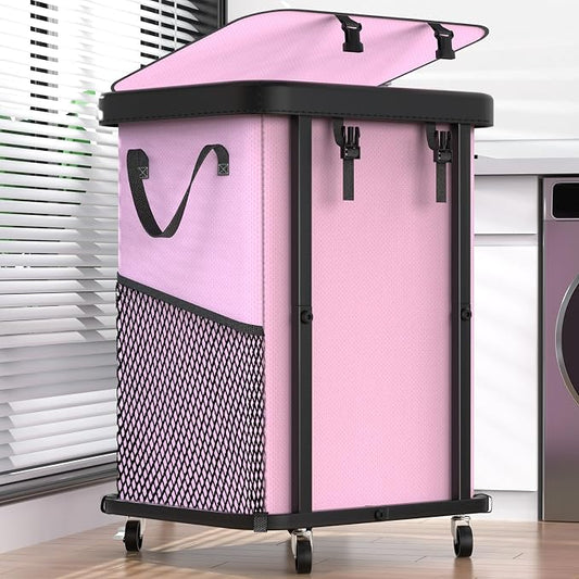 Laundry Basket with Wheels,150L (40 Gal) Rolling Hamper Carts - Pink | Leather Patchwork Laundry Hamper,Sturdy Metal Frame, Removable Washable Bag, Tall Clothes Sorter for Bedroom, Laundry Room