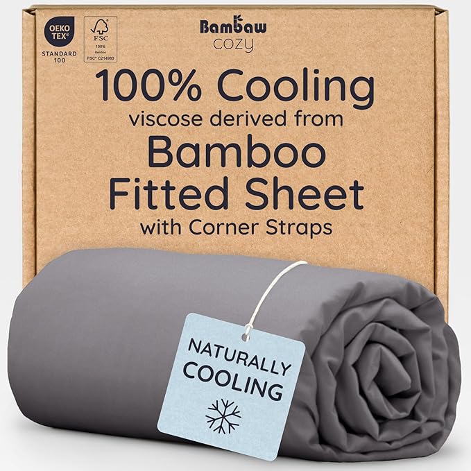 Bambaw 100% Viscose Derived from Bamboo Fitted Sheet Only, Soft Fitted Sheet Queen Size, Cooling Fitted Sheet with Straps, Deep Pocket Bottom Queen Fitted Sheet Only Fits Up to 16’’ (Dark Gray)