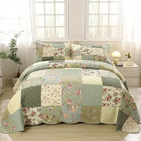vctops Boho Patchwork Cotton Quilted Bedspread Quilt Set Queen Size 3 Pieces Soft Reversible Lightweight Coverlet Set Floral Print 1 Quilt and 2 Pillow Shams (Green D,Queen)