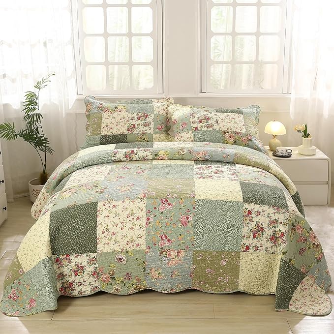 vctops Boho Patchwork Cotton Quilted Bedspread Quilt Set Twin Size 2 Pieces Soft Reversible Lightweight Coverlet Set Floral Print 1 Quilt and 1 Pillow Sham (Green D,Twin)