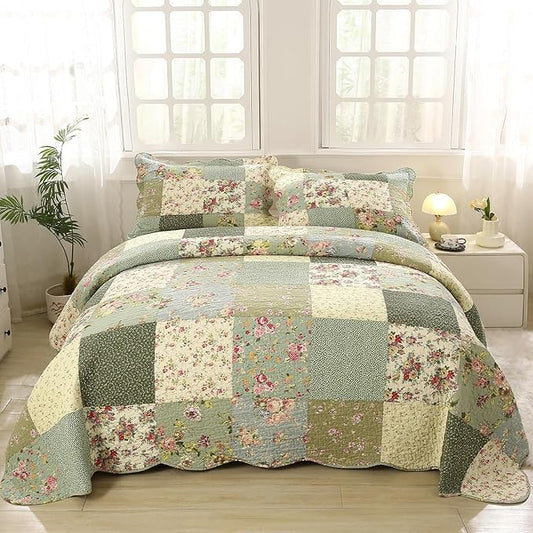 vctops Boho Patchwork Cotton Quilted Bedspread Quilt Set Twin Size 2 Pieces Soft Reversible Lightweight Coverlet Set Floral Print 1 Quilt and 1 Pillow Sham (Green D,Twin)
