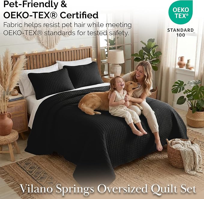 Southshore Fine Living, Inc. Twin XL Quilt Bedding Set, Dorm Room Bedding Essentials, Stain Resistant, Machine Washable Bedspread, XL Twin Black Quilt Bedspread Set with Pillow Sham, Black Quilts