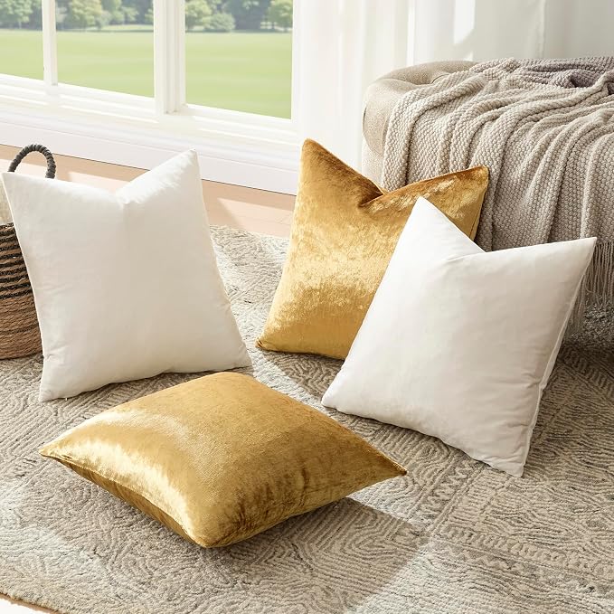 GIGIZAZA Pack of 4 Decorative Velvet Pillow Covers 18x18 Ivory Gold | Throw Pillows for Couch Sofa,280gsm Soft Textured Fabric,Modern Accent Pillowcases,Luxury Living Room Cushion Covers