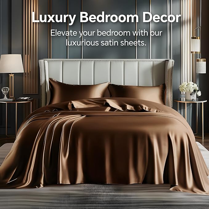 BEDELITE Satin Sheets Queen Size Bed Set, Brown, 4 Pieces | Luxury Silky Bed Sheets, 15 Inch Deep Pocket, Similar to Silk, Soft and Cooling, Reduces Friction, Gentle on Hair and Skin