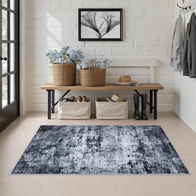 Area Rug Living Room: 3x5 Modern Washable Indoor Carpet Black | For Hallway, Bedroom, Kitchen, Laundry, Bathroom,Door Mat,Modern Abstract,Machine washable,Non-Slip,Stain Resistant,Indoor