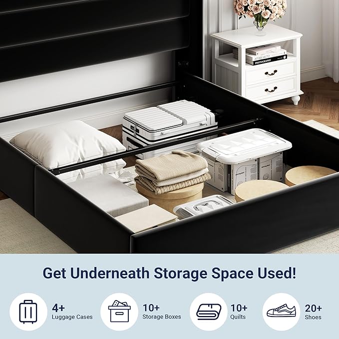 Allewie Queen Size Lift Up Hydraulic Storage Bed Frame Black | Modern Wingback Headboard, Hydraulic Support Storage, No Box Spring Needed
