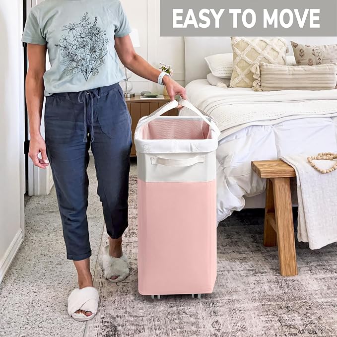 Goodpick 2-Pack Laundry Hamper with Wheels, Dorm Essentials for Girls,75L | Laundry Hamper with Wheels, Collapsible Laundry Basket, Rolling Laundry Hamper with Handle for College Dorm, Pink & White