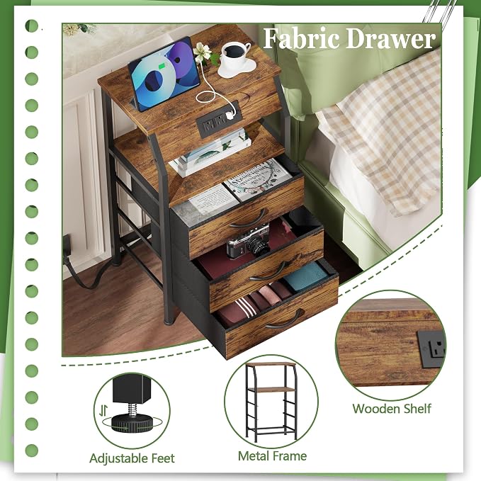 Furnulem Night Stand with Charging Station, 3 Fabric Drawers Bedside Table | Rustic Brown Dorm Nightstand For Bedroom, 28.3 Inch Tall, Usb Ports & Outlets, Side Table with Storage Shelf, 3 Ways to Use