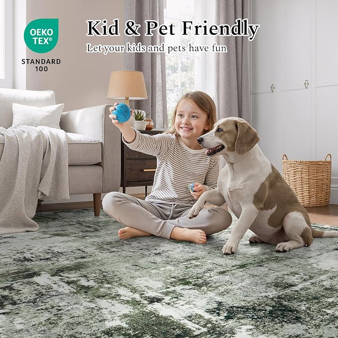 Rugflix 5x7 Area Rugs for Living Room, Washable Dark Green Large Rug | Machine Washable; Stain-Resistant; Low Pile; Non-Slip; Modern Abstract; Carpet for Bedroom Dining Office Nursery Home