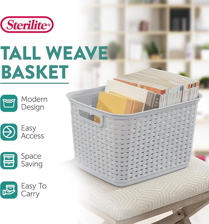 Sterilite Tall Weave Basket Bin for Clothing and Laundry Storage, 12-Pack | Multi-Purpose and Decorative Organizer for Clothes, Shelves, Closets, Pantries, Living Rooms or Offices