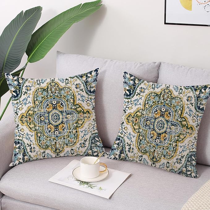 Outdoor Waterproof Pillow Covers - 18 x 18 Inch Set of 2 Bohemian Vintage Carpet Pattern Pillow Covers in Green and Blue Ethnic Design for Decorative Farmhouse, Couch, Garden, Balcony