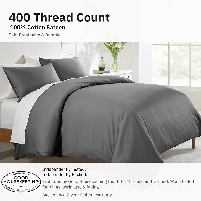 California Design Den Luxury Oversized King Duvet Cover Set, Grey | Soft 400 Thread Count 100% Cotton Sateen Backed by GH Seal, Duvet Cover & Pillow Sham 3 Pc Set, Button Closure & Corner Ties