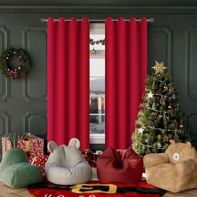BGment Christmas Room Darkening Curtains 84 Inches Long - Grommet Thermal Insulated Drapes Window Treatment Curtains for Bedroom, 2 Panels, 52 x 84 Inch, Red | Grommet Top, Black Out, Room Darkening, Sunblock, Thermal Insulated, Window Drapes for Bedro...