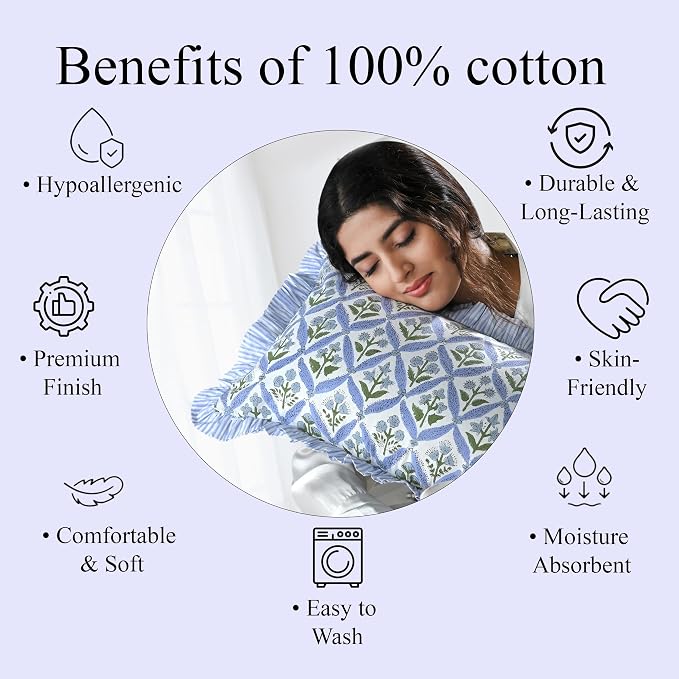 Ridhi Block Print Light Steel Blue Ruffle Lumbar Pillow Shams, 20" x 12" | 100% cotton, Floral Pillowcase, Cushion Cover, Hidden Zipper, Cottagecore Bedding, farmhouse boho style, fits couch, sofa,Bed