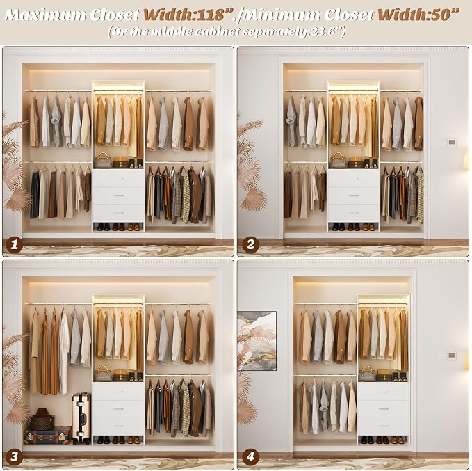 Aheaplus Closet System with Motion-Sensing Light, 3 Wooden Drawers and 4 Hanging Rods, Customizable Walk-in Closet Organizer with 3CCT LED, Wall mounted Garment Rack for Bedroom, White