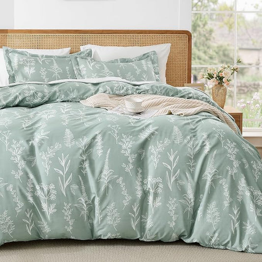 MUXHOMO Duvet Cover Full Size, Reversible Floral Green Duvet Cover Set with Zipper Closure, 3 Pieces Botanical Patterns Soft Microfiber Bedding Set with 4 Ties (80"x90", 2 Pillow Cases)